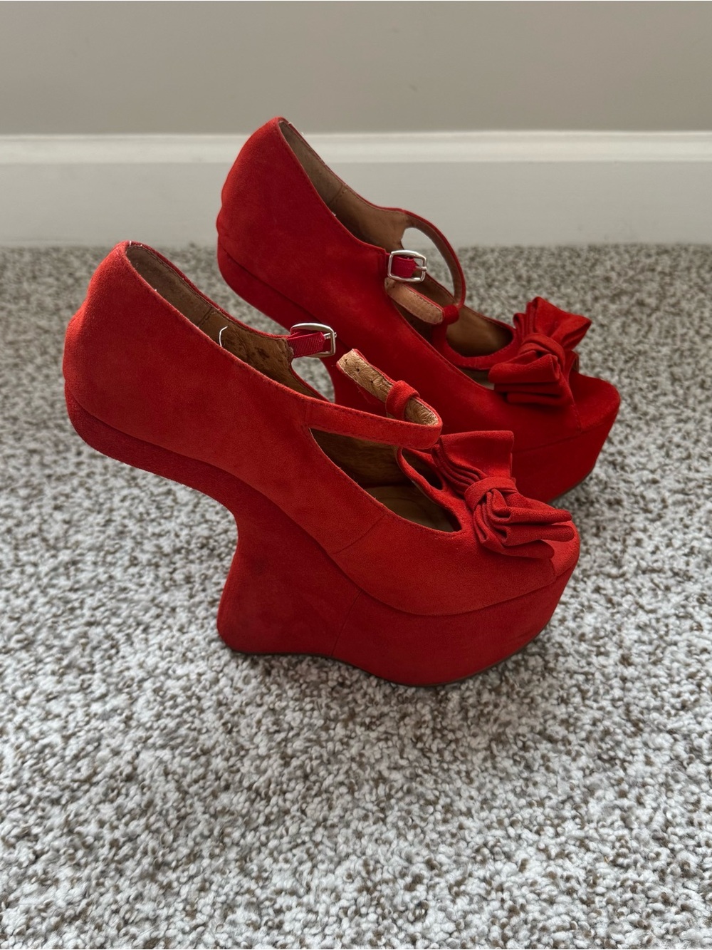 Jeffrey Campbell Red Suede Luanne Heel-less Platform Wedges Sz 7.5